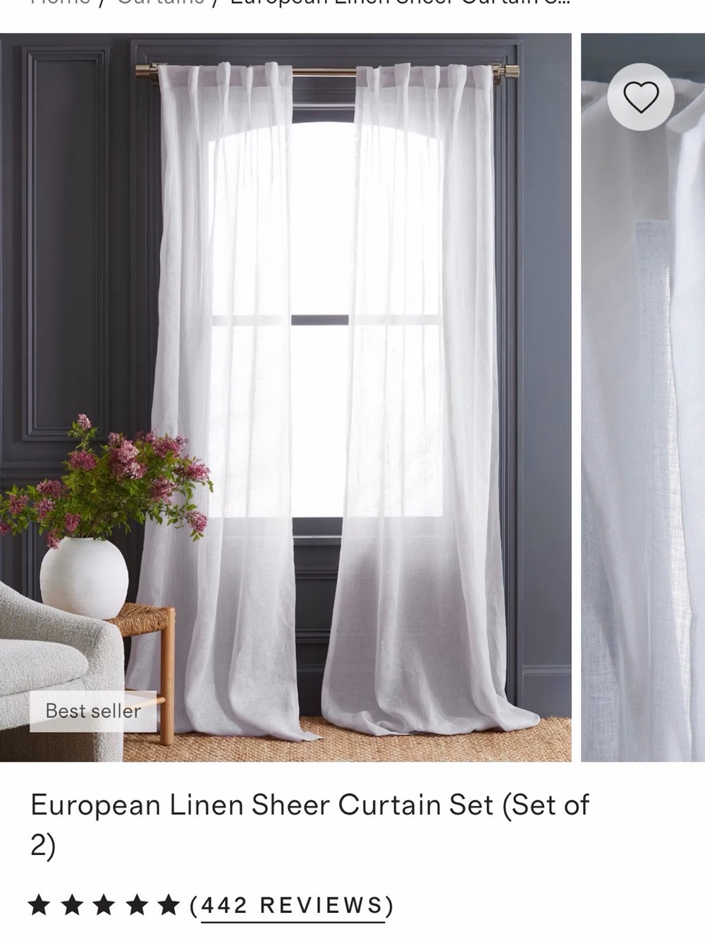 Quince 100% European Linen Sheer Curtain set 48x108